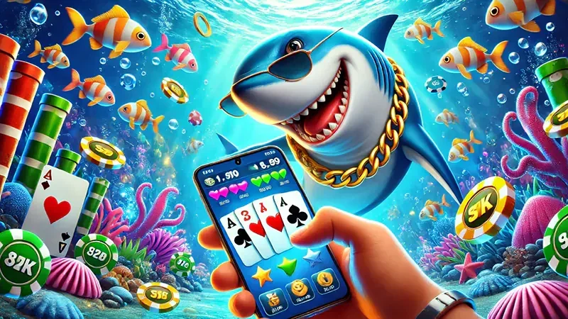 Kontrol meriam dan sasaran ikan pada layar permainan mobile