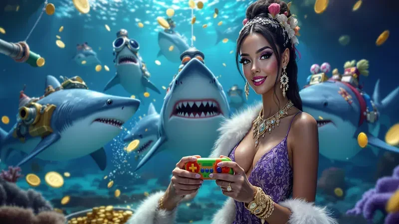 Arena permainan tembak ikan dengan target laut berwarna