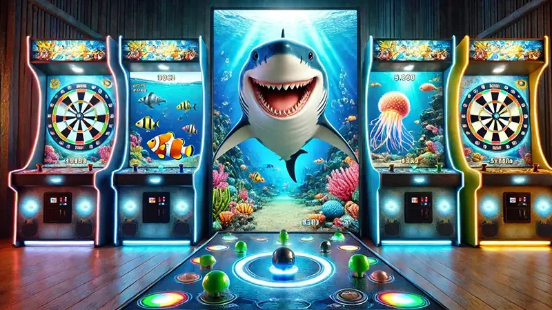 Target ikan berwarna-warni dan kontrol meriam pada permainan arcade bawah laut
